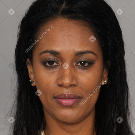 Joyful latino young-adult female with long  brown hair and brown eyes