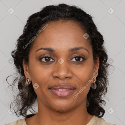 Joyful black young-adult female with medium  brown hair and brown eyes