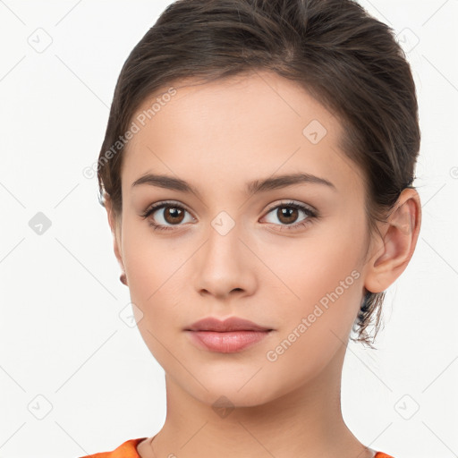 Neutral white young-adult female with short  brown hair and brown eyes