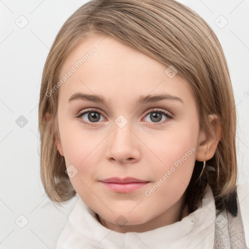 Neutral white young-adult female with medium  brown hair and grey eyes