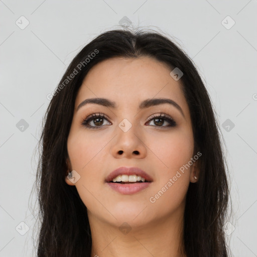 Neutral asian young-adult female with long  brown hair and brown eyes