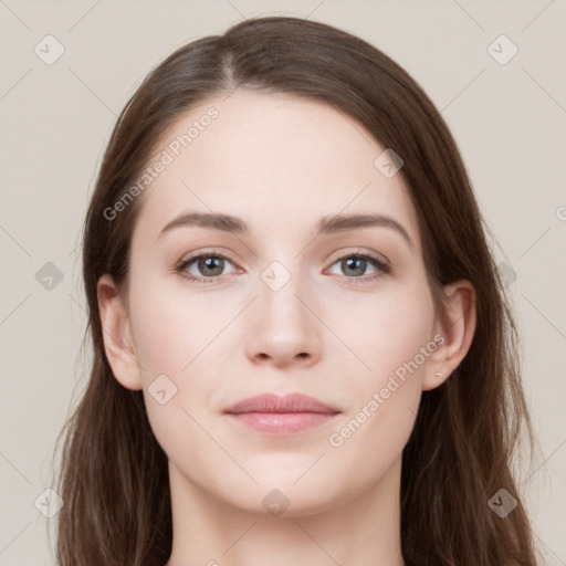 Neutral white young-adult female with long  brown hair and grey eyes