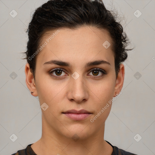 Neutral white young-adult female with short  brown hair and brown eyes