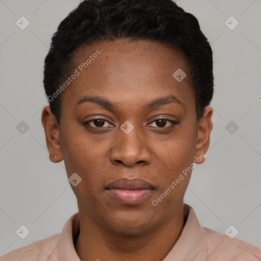 Neutral black young-adult female with short  black hair and brown eyes