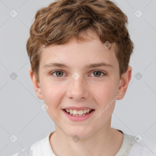 Joyful white child male with short  brown hair and brown eyes