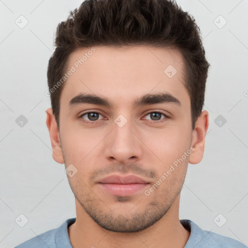 Neutral white young-adult male with short  brown hair and brown eyes