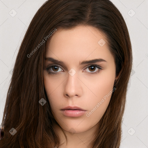 Neutral white young-adult female with long  brown hair and brown eyes