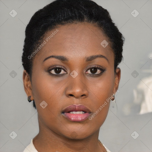 Neutral black young-adult female with short  brown hair and brown eyes