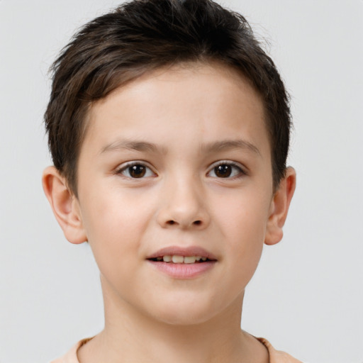 Joyful white child female with short  brown hair and brown eyes