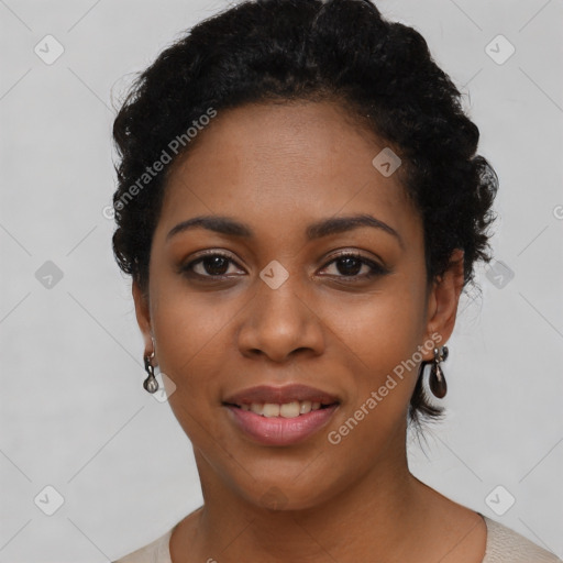 Joyful latino young-adult female with short  black hair and brown eyes