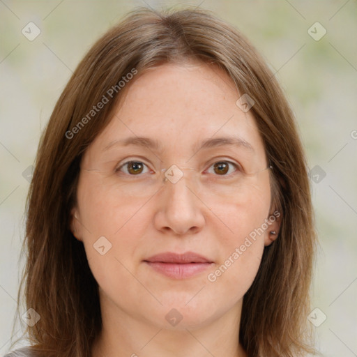 Joyful white young-adult female with medium  brown hair and green eyes