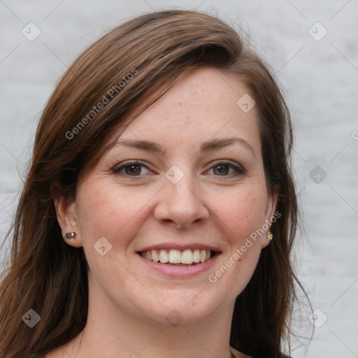 Joyful white young-adult female with long  brown hair and grey eyes