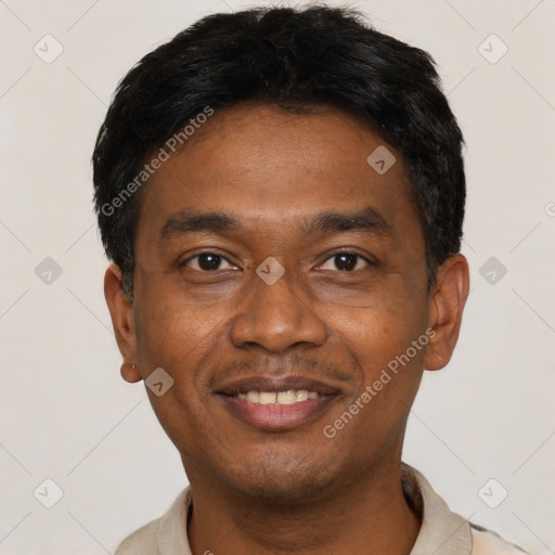 Joyful latino young-adult male with short  black hair and brown eyes
