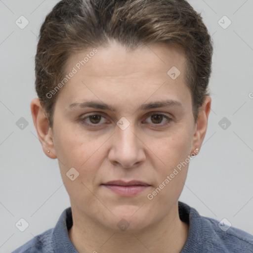 Joyful white adult female with short  brown hair and grey eyes