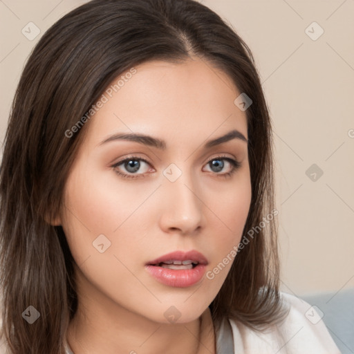 Neutral white young-adult female with medium  brown hair and brown eyes