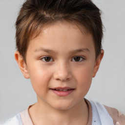 Joyful white child female with short  brown hair and brown eyes