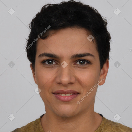 Joyful latino young-adult female with short  brown hair and brown eyes