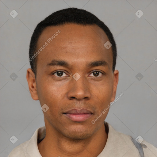 Neutral latino young-adult male with short  black hair and brown eyes