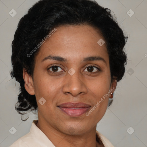 Joyful latino adult female with short  brown hair and brown eyes