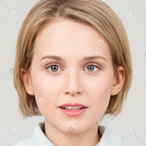 Neutral white young-adult female with medium  brown hair and blue eyes