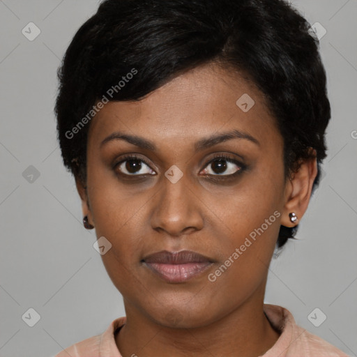 Neutral black young-adult female with short  black hair and brown eyes