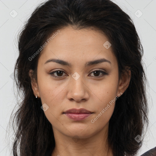 Joyful latino young-adult female with long  brown hair and brown eyes