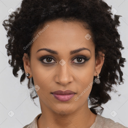 Joyful black young-adult female with long  brown hair and brown eyes