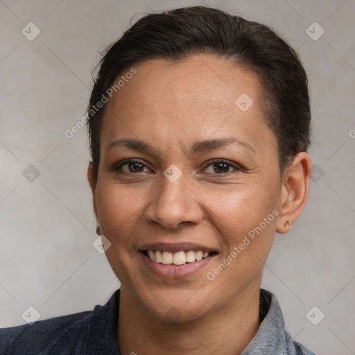 Joyful white adult female with short  brown hair and brown eyes