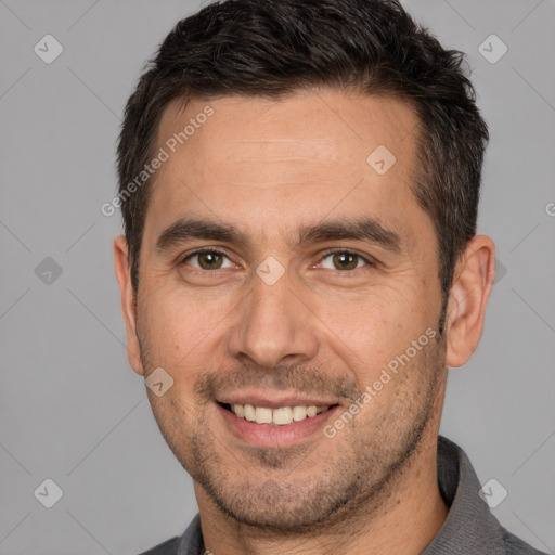 Joyful white young-adult male with short  brown hair and brown eyes