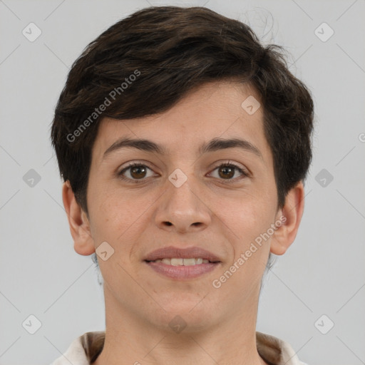 Joyful white young-adult female with short  brown hair and brown eyes