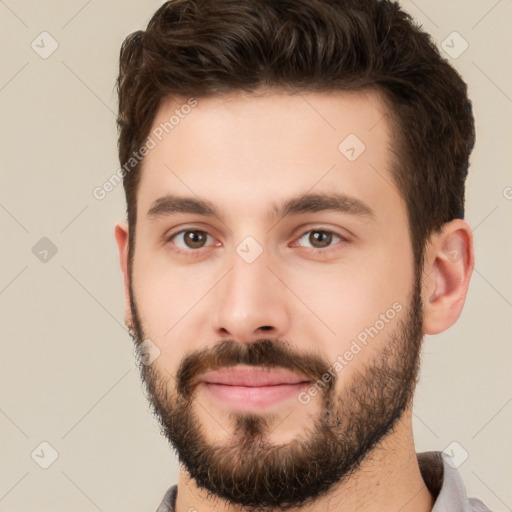 Neutral white young-adult male with short  brown hair and brown eyes