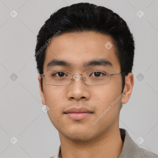 Neutral asian young-adult male with short  black hair and brown eyes