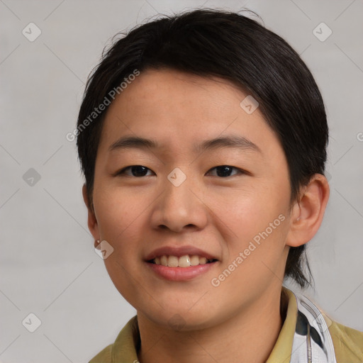 Joyful asian young-adult male with short  brown hair and brown eyes