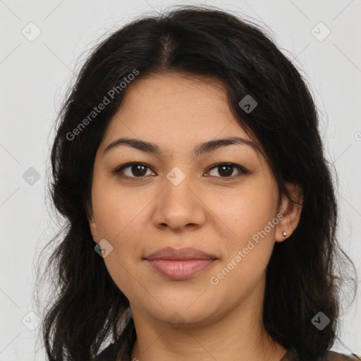 Joyful latino young-adult female with long  brown hair and brown eyes