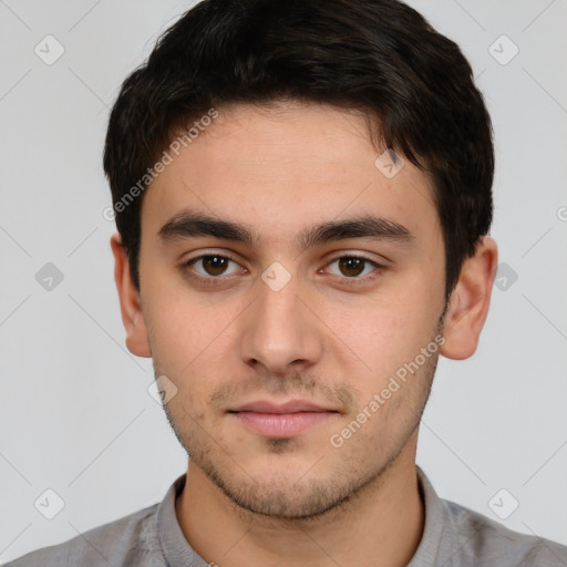 Neutral white young-adult male with short  brown hair and brown eyes