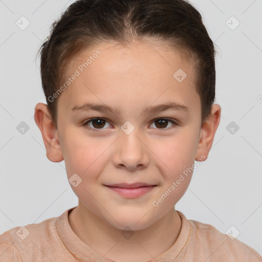 Joyful white child female with short  brown hair and brown eyes