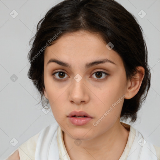 Neutral white young-adult female with medium  brown hair and brown eyes