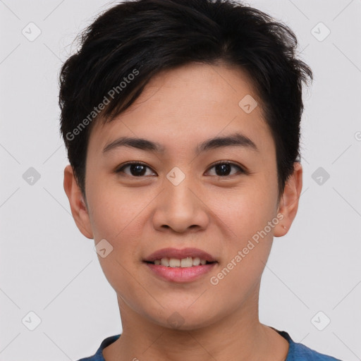 Joyful asian young-adult female with short  brown hair and brown eyes