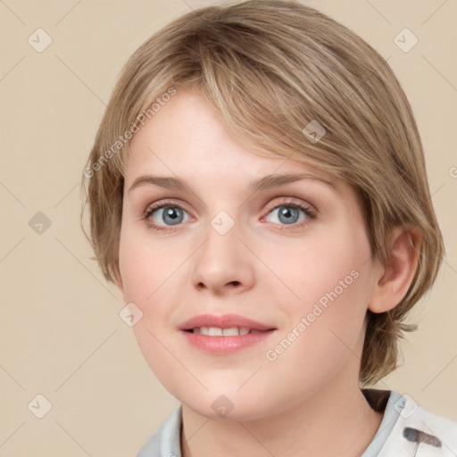 Joyful white young-adult female with medium  brown hair and blue eyes