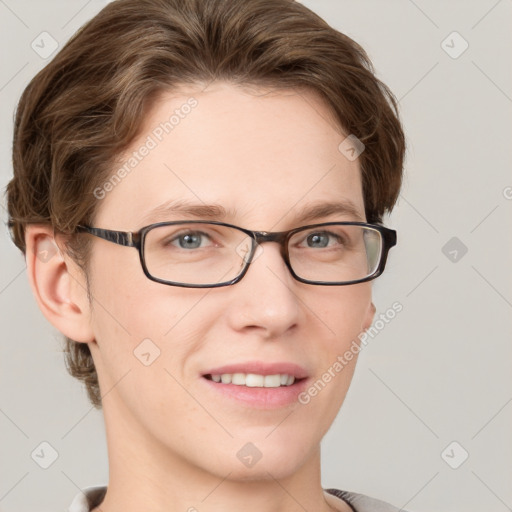 Joyful white young-adult female with short  brown hair and grey eyes