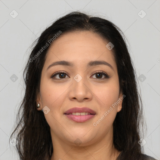 Joyful asian young-adult female with long  brown hair and brown eyes