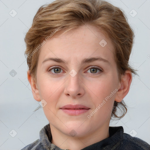 Joyful white young-adult female with medium  brown hair and blue eyes