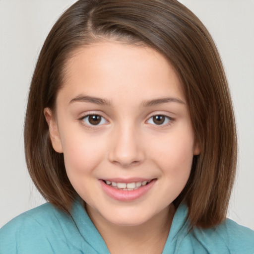 Joyful white child female with medium  brown hair and brown eyes