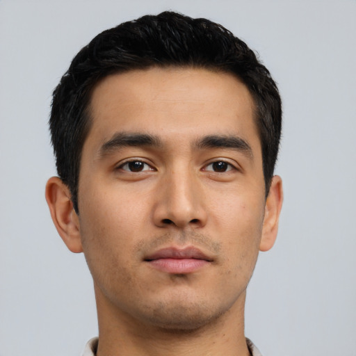 Neutral asian young-adult male with short  black hair and brown eyes