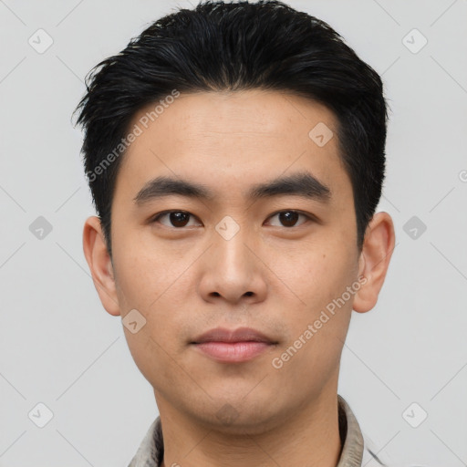 Neutral asian young-adult male with short  black hair and brown eyes