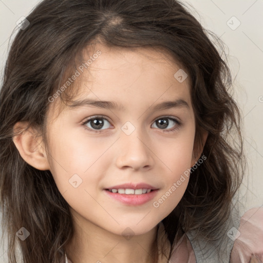 Joyful white child female with medium  brown hair and brown eyes