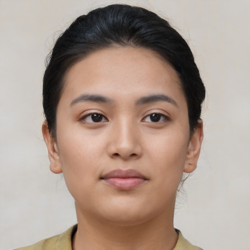 Neutral asian young-adult female with short  black hair and brown eyes