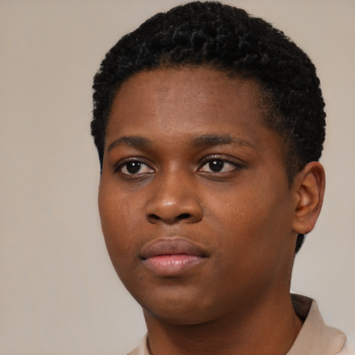 Neutral black young-adult female with short  black hair and brown eyes