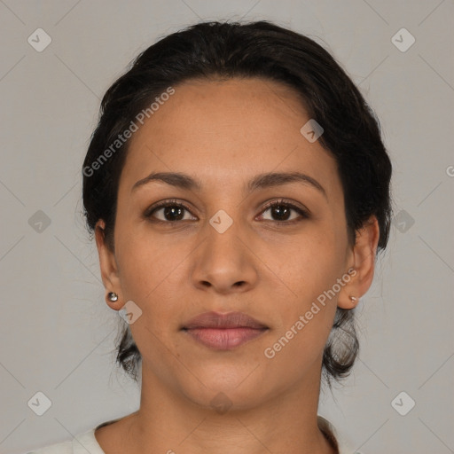 Neutral latino young-adult female with short  brown hair and brown eyes