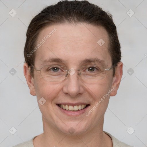 Joyful white adult female with short  brown hair and grey eyes